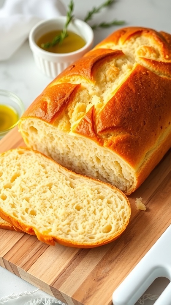 Freshly baked homemade bread loaf sliced on a wooden board with olive oil and rosemary.